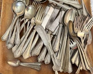 #17 - $1280 - Floral sterling luncheon flatware set 52.20 oz. 8 lunch knives, 6 forks, 20 Salad/desert forks, 10 soup spoons, 8 appetizer forks, 8 ice tea spoons, 4 tablespoons, 5 demitasse spoons, 4 butter spreader, 3 tea spoons