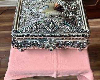 #27 - $180 - Curata Silver plated antiqued hinged lid felt lined rectangular footed ornate jewelry box