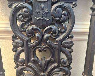 #12 - $300 - 2-Antique Renaissance highly carved shield chairs with embroidered 50tx20wwx19d