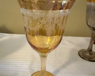 #56B - $70 - Bohemian wine glasses gold trimmed - 12 glasses