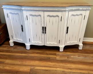 #1 - $250 - White washed side board with natural wood top 35tx60wx18d