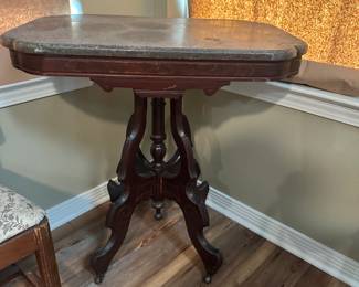 #53 - $220 - Eastlake walnut antique Marble top side table 29.5tx28.5wx19.5d