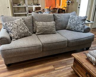 #50 - $500 - Gray tweed velveteen sofa 36tx98wx47d
