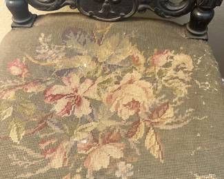 #12 - $300 - 2-Antique Renaissance highly carved shield chairs with embroidered 50tx20wwx19d