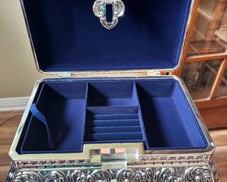 #27 - $180 - Curata Silver plated antiqued hinged lid felt lined rectangular footed ornate jewelry box
