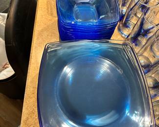 #56A - $100 - Blue glass dishes - 12 dinner plates, 12 salad plates , 12 bowls
