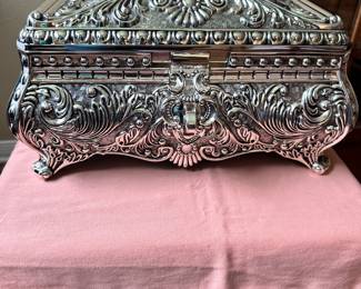 #27 - $180 - Curata Silver plated antiqued hinged lid felt lined rectangular footed ornate jewelry box