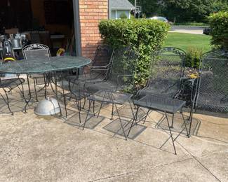 Another vintage wrought iron table 6 chairs,cushions & umbrella