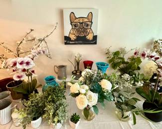 Silk floral designs, vases and containers.