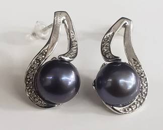 Sterling silver, diamond, and Tahitian pearl earrings
