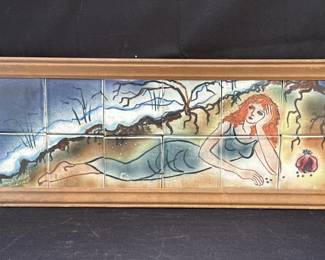 Framed signed hand painted tile wall art