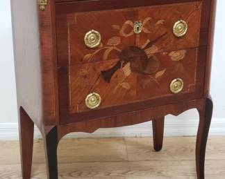 French walnut chest of drawers with brass accents and key