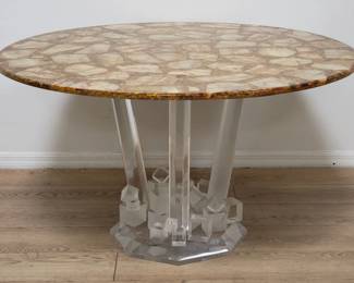 Onyx and mother of pearl resin top table with cubic asymmetrical geometric acrylic base, as is