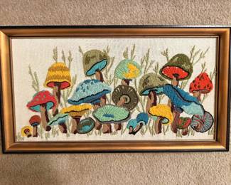 Framed crewel embroidery mushrooms