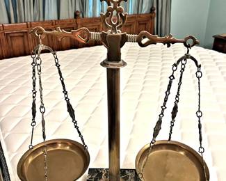 Large brass scales with marble base