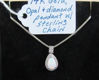 14K Gold, Opal & Diamond Pendant w/Sterling Chain