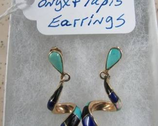 14K Gold, Turquoise, Opal, Onyx, & Lapis Earrings