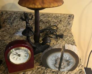 Geode bookends. Modern clock, lamp
