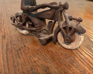 1930- all original untouched Champion Cast Iron Motorcycle w/ rider. Complete- no cracks or breaks.