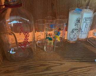 Berger pyro graphic gallon milk bottle & Mid-Century barware glasses