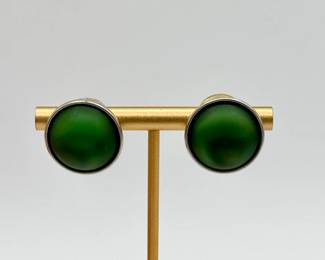Green Glass Cabochon Post Earrings in Silver-Tone Setting