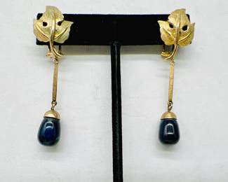 14K Gold Dangle Earrings with Cobalt Blue Stones
