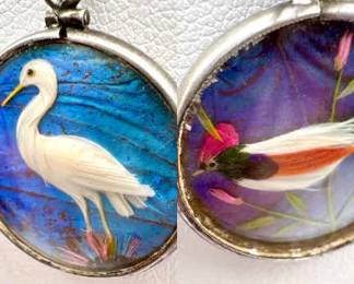 Rare Double Sided Antique Victorian Fob Charm Feather Birds & Morpho Butterfly Wing