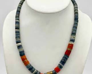 Vintage Heishi-Style Necklace with Coral, Bone, and Brass Beads