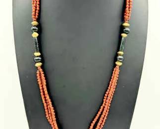 African Tribal Necklace with Red Trade Beads & Brass Bell Pendant