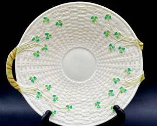 Belleek Shamrock Basket Weave Plate with Broken Handle