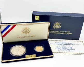 Smithsonian Institution 150th Anniversary Two-Coin Silver and Gold Proof Set W Cert. Of Authenticity