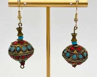 Tibetan-Style Inlaid Earrings with Faux Turquoise & Coral