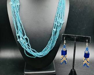 Handmade Beaded Jewelry ft. Multi-Strand Turquoise Blue Necklace, Earrings, & Bracelet