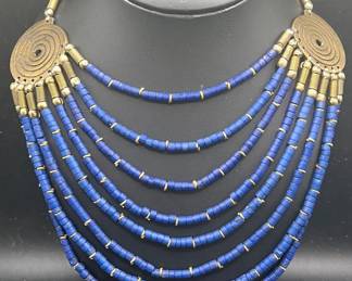 African Layered Necklace with Brass Spiral Medallions & Blue Vinyl Beads