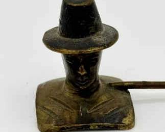 Vintage Holiday Thanksgiving Brass Pilgrim Taper Candle Snuffer 13"