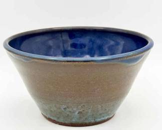 Signed Hand-Thrown Studio Pottery Bowl with Blue Glaze Interior