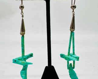 Pair of 3” Zuni Fetish Style Turquoise Carved Bird Earrings