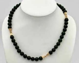 Vintage Dark Green Nephrite Jade Bead Necklace with Gold-Tone Accents