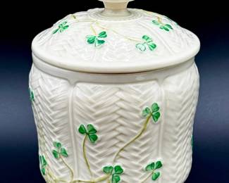Belleek Shamrock Covered Jar with Basket Weave Texture