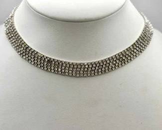 Vintage Les Bernard Rhinestone Collar Necklace – 5-Row Silver Tone Choker