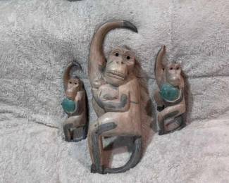 (3) Hand-Carved Hanging Monkey Sculptures