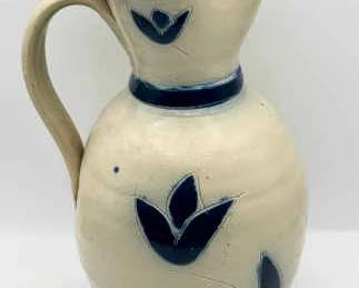Williamsburg Style Pottery salt-glaze pitcher with cobalt blue tulip design