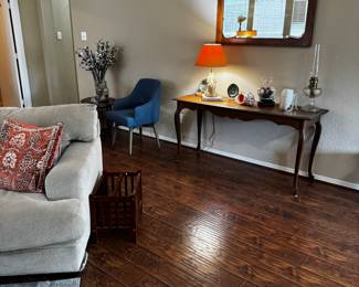 Vintage sofa table and heavy oak beveled mirror