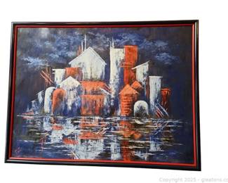 Blue and Red Farm Buildings Painting