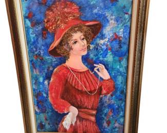Textured Painting Lady in Red with Pearls