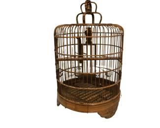 Gorgeous Large Domed Bamboo Bird Cage Carved Asian Motif 27in All Intact Vintage 1930s