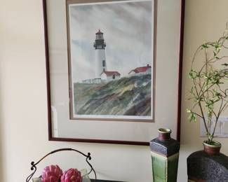 Original watercolor mixed media lighthouse scene signed