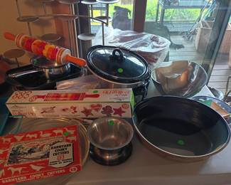 Crockpot, cookie cutters, serving bowls