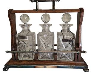 Antique Victorian Tantalus with Three Lead Crystal Decanters