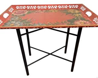 Two Vintage Metal Trays with Adjustable Folding Wood Stand